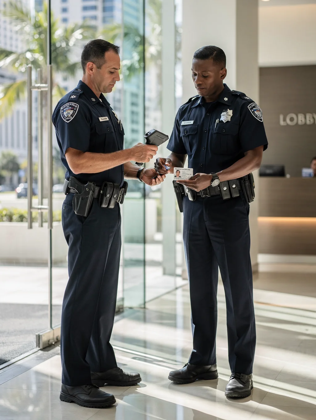 Licensed armed security officer on duty at a Florida commercial office entrance