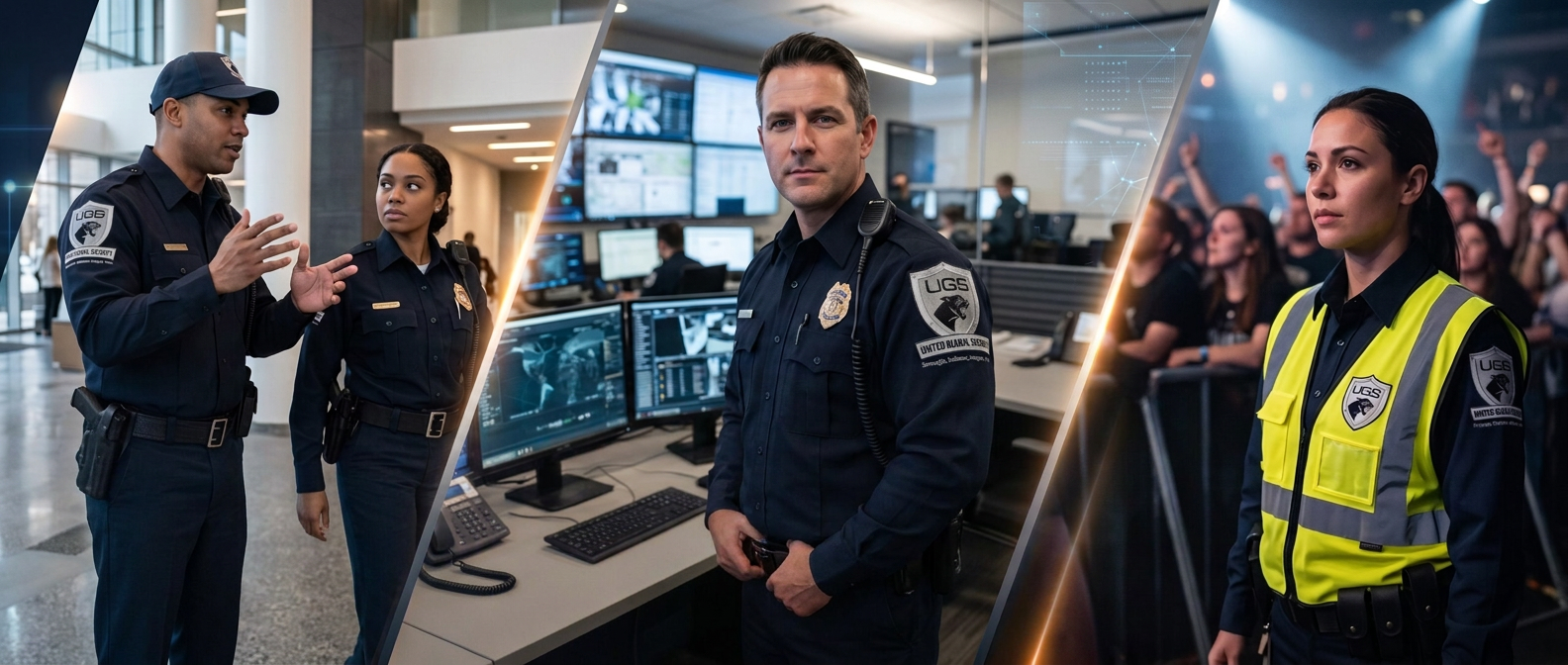 United Global Security officers across lobby patrol, command center and event security operations