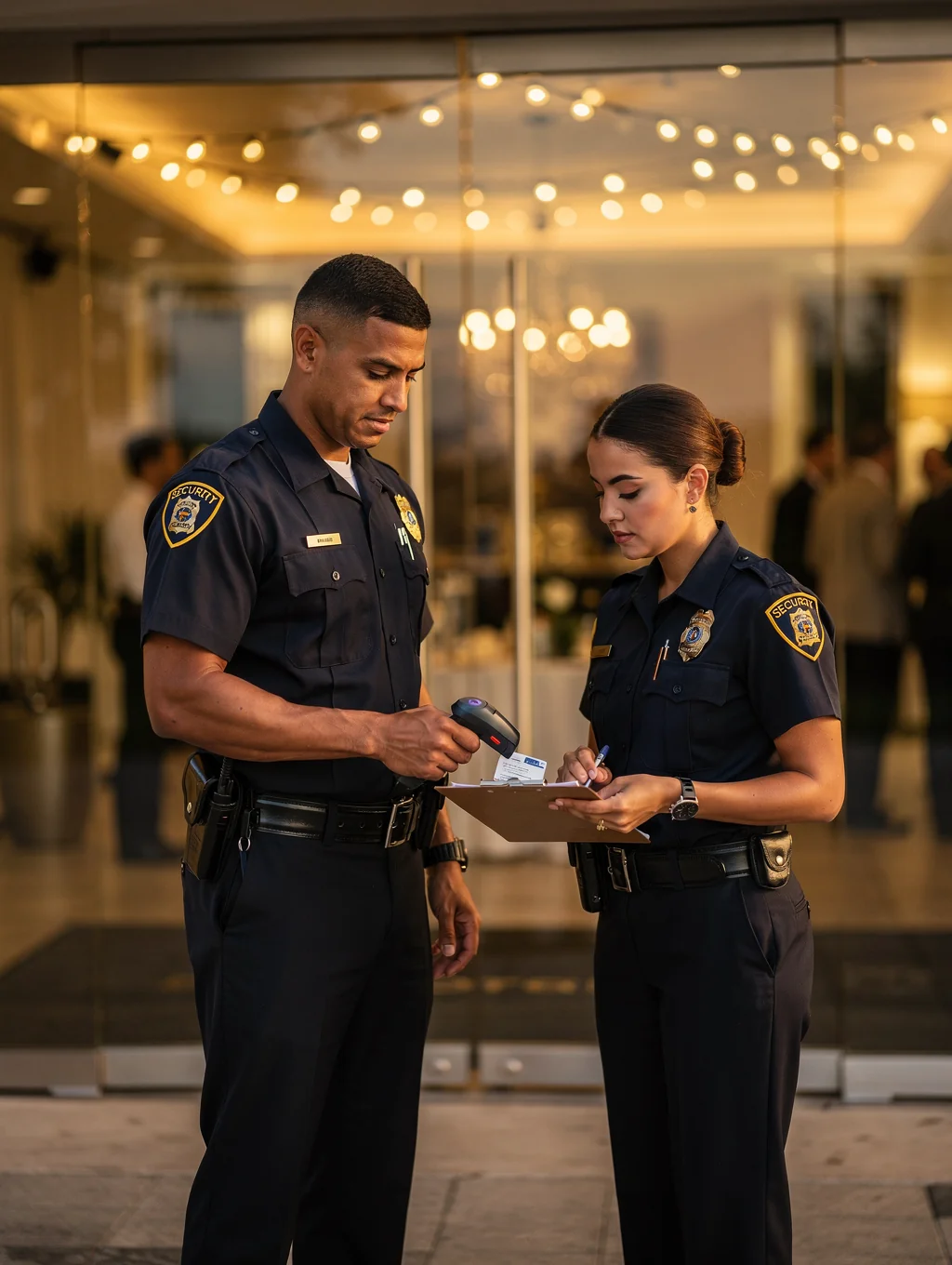 Security team coordinating entry access at an evening Florida event venue