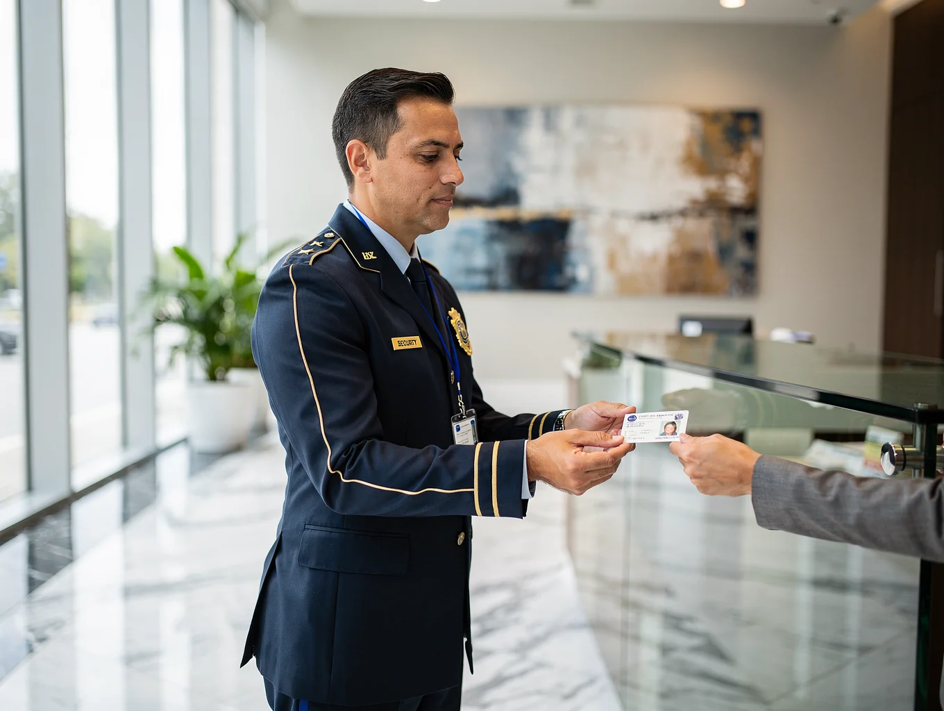 Professional corporate security officer on duty at a Florida commercial office lobby