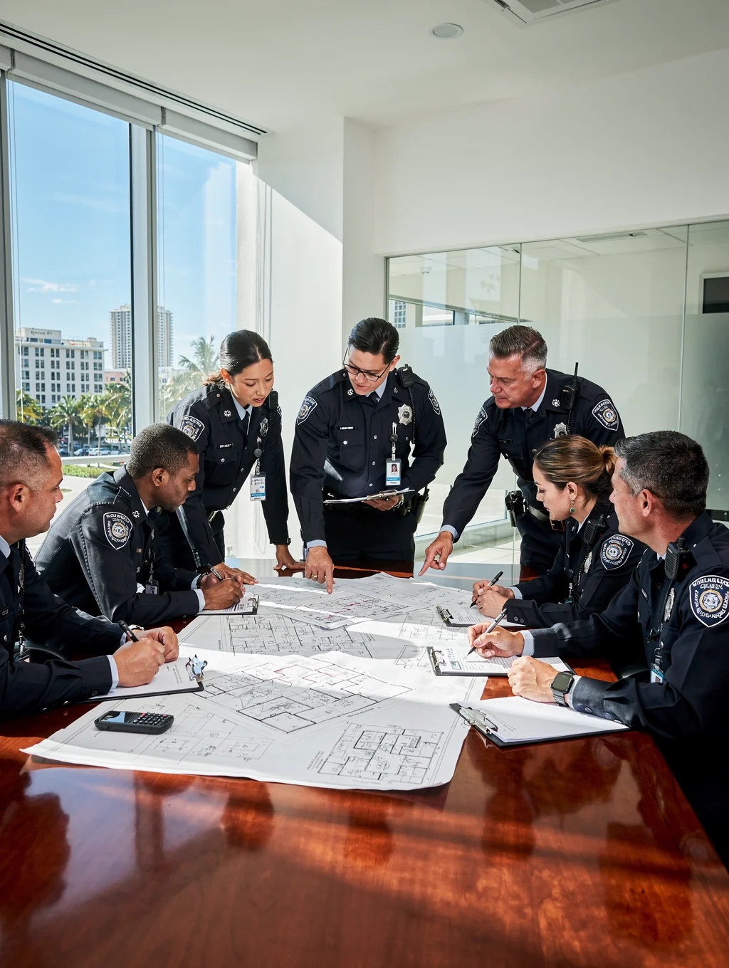 United Global Security leadership team reviewing operational site procedures in their Florida office