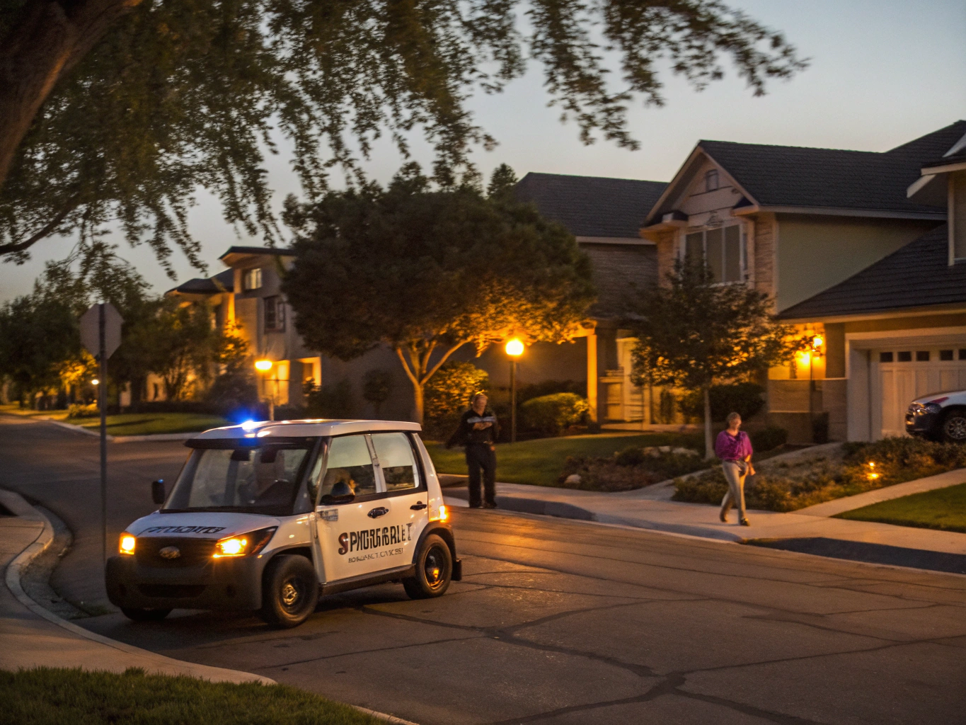 Security patrol officer driving a marked vehicle through a Florida residential community at twilight