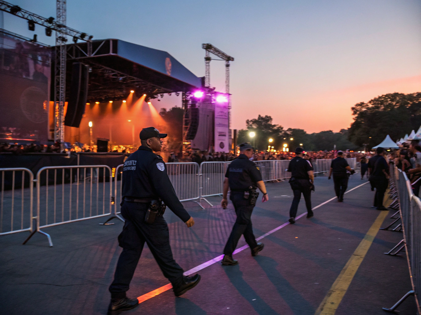 Security officers monitoring the crowd at a Florida outdoor concert at night