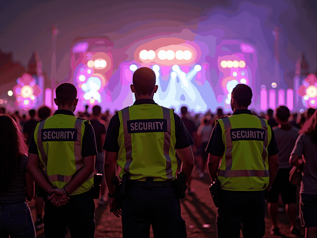 Security staff patrolling a busy outdoor festival in Florida