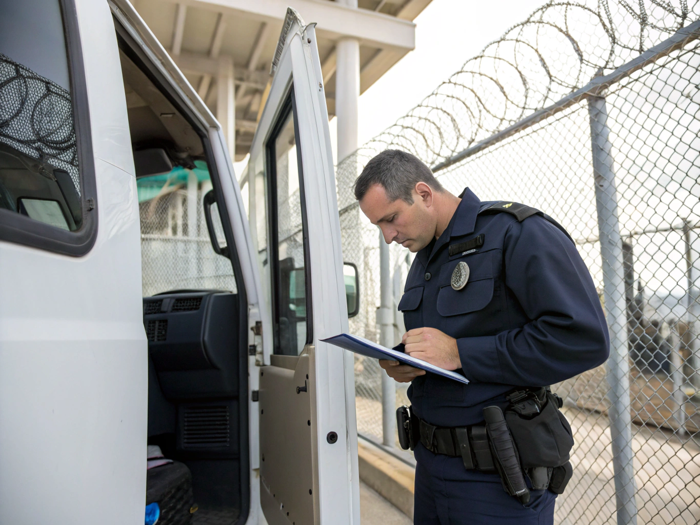 United Global Security officer checking the fenced perimeter of a Florida industrial site