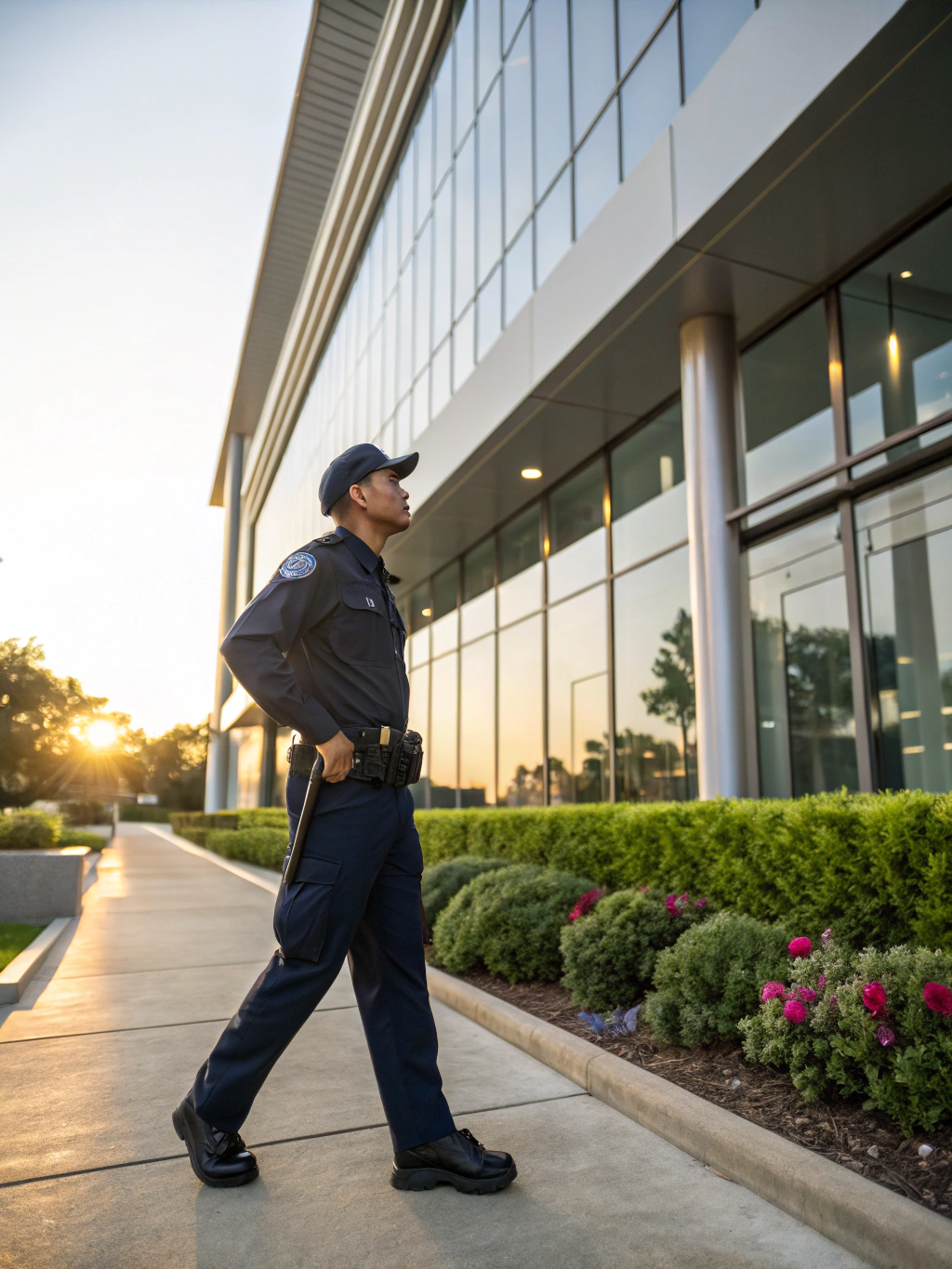 United Global Security officer in navy uniform on patrol outside a Florida corporate building